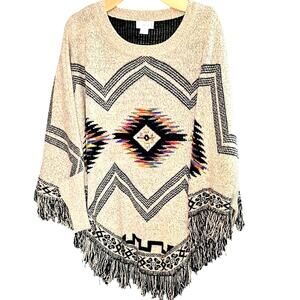 Kamana Aztec Design Fringed Sleeved Poncho One Size